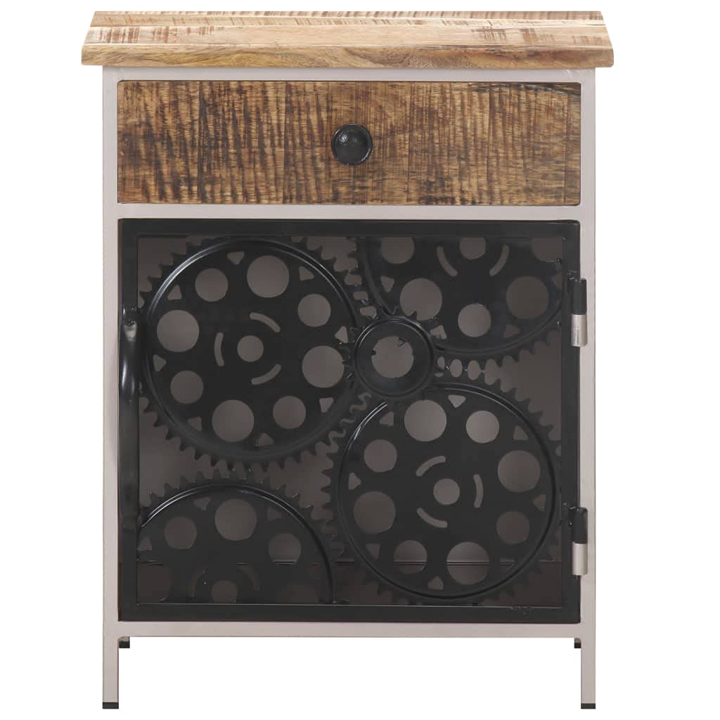 vidaXL Bedside Cabinet - Unique Bicycle Chain Wheel Door, Rough Mango Wood, Space-Savvy with Drawer for Storage, Requires Assembly